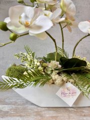 Moderní a přesto nadčasová aranž z bílých orchidejí a sukulentů