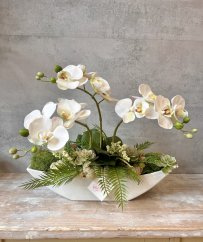 Moderní a přesto nadčasová aranž z bílých orchidejí a sukulentů